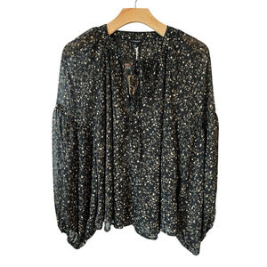 Blu Pepper Blouse Women's Medium Black Ruffled Tie Neck Long Puff Sleeves Sheer